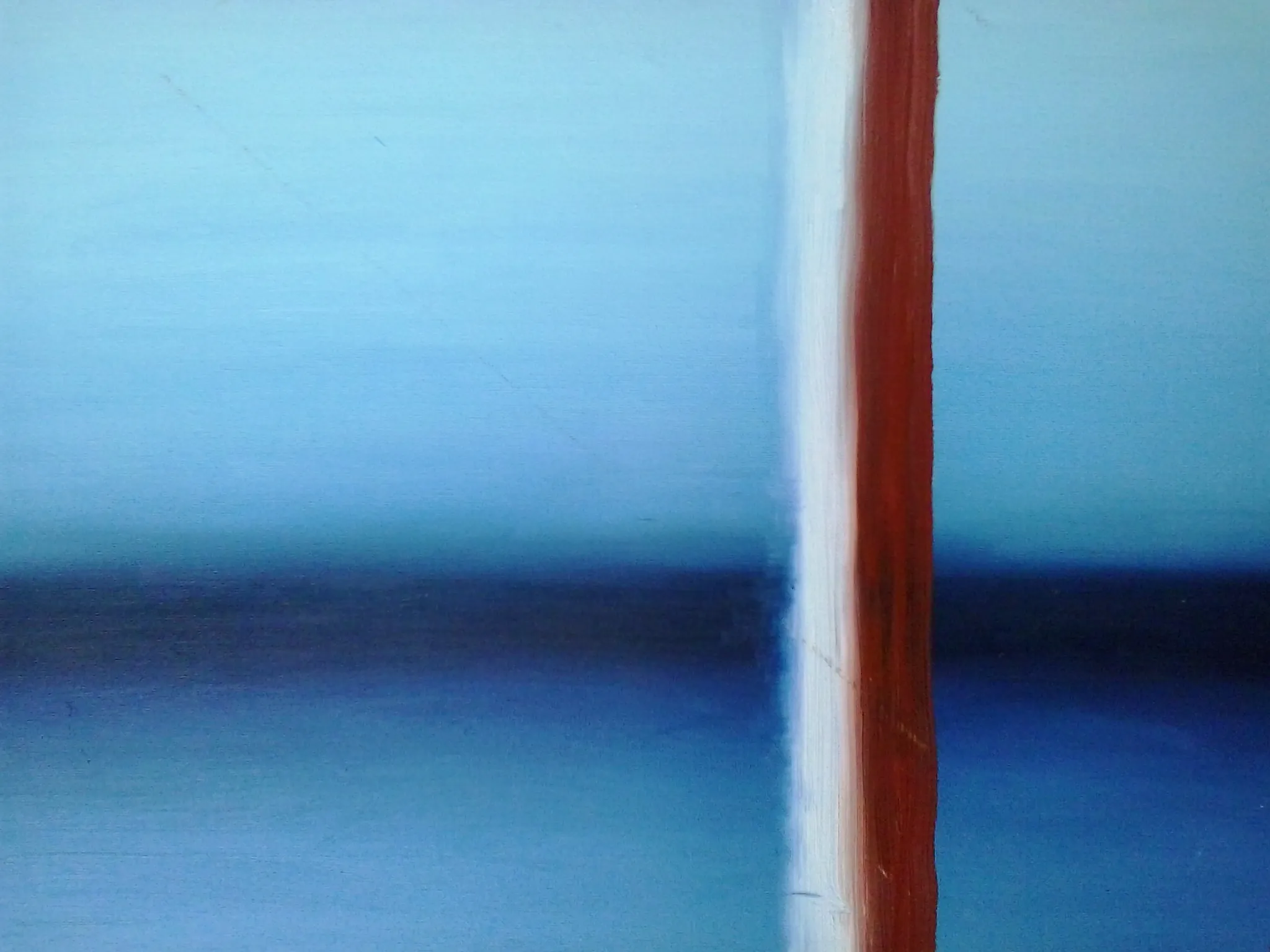 Painting of a dusk blue sky with a red and white stripe downward.